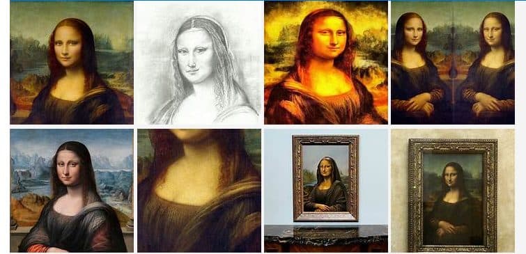 Bing image search results for Mona Lisa with Public license filter